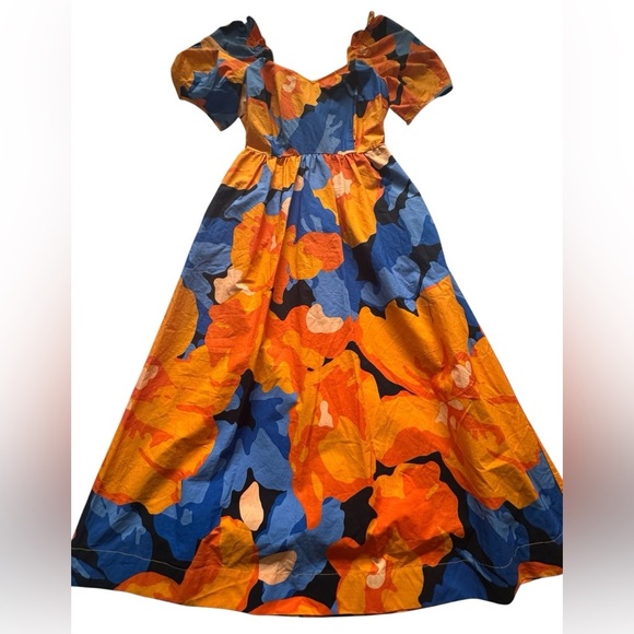 Tabitha Brown Target Vibrant Orange & Blue Floral Dress Puff Sleeve Dress Size 4 - Picture 5 of 10